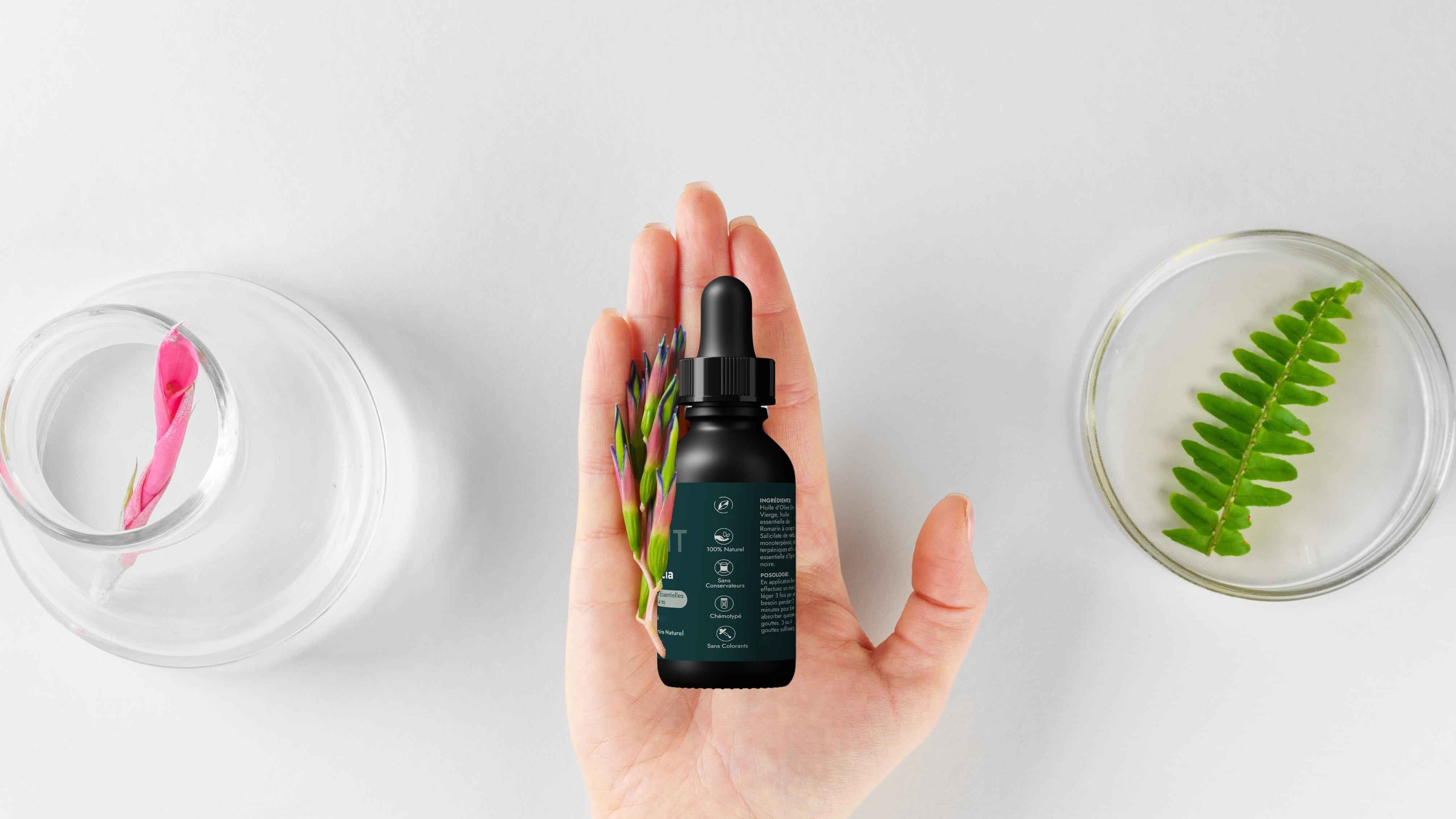 synergie huiles essentielles naturelles main portante flacon